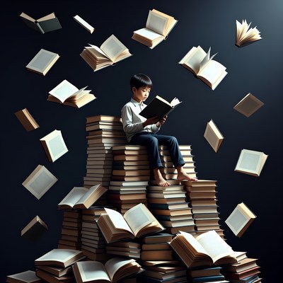 Young boy reading on stack of books