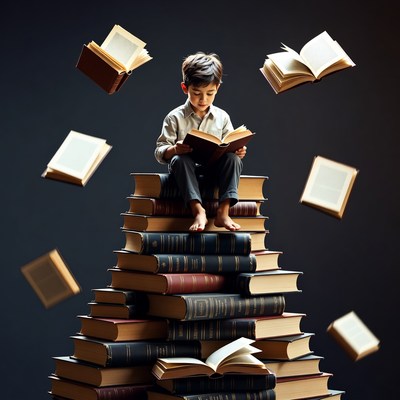 Child reading atop stack of books