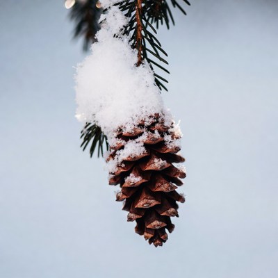Pinecone covered in snow hanging from tree