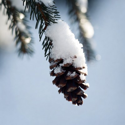 Snow covered pine cone hangs from branch