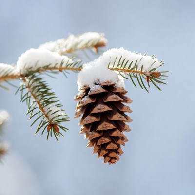 Snow on pine cone branch