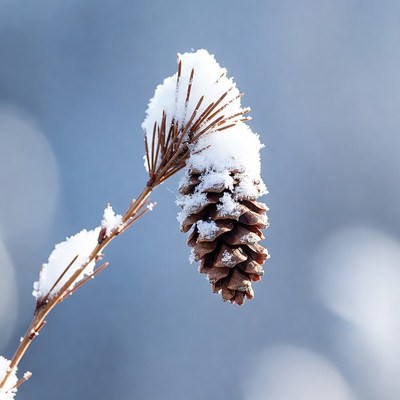 Snow-covered pine cone hangs on branch