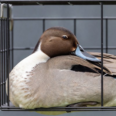 Bird resting inside a cage