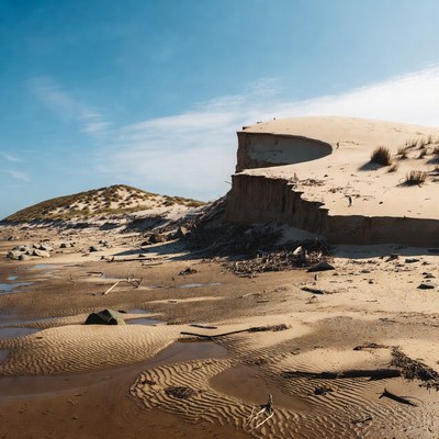 Sand dunes meet water at low tide