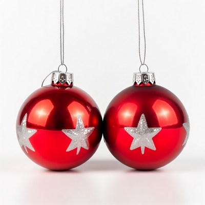 Red ornaments with silver stars hanging