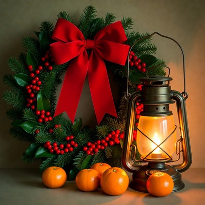 Warm glow with festive wreath and lantern