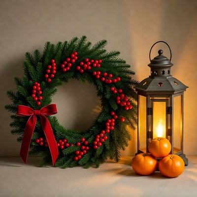 Wreath and lantern with oranges