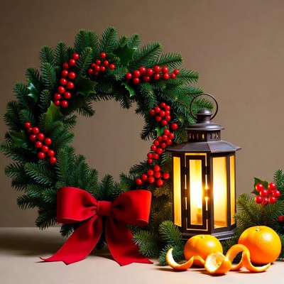 Holiday wreath with lantern and fruit