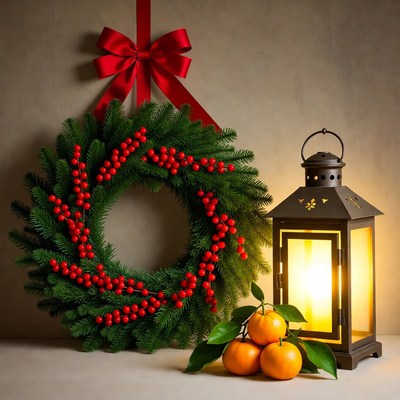 Festive wreath and lantern display