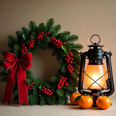 Lantern and wreath in a holiday setting