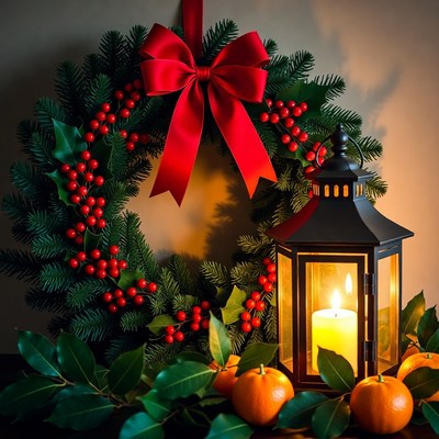Christmas wreath and lantern display