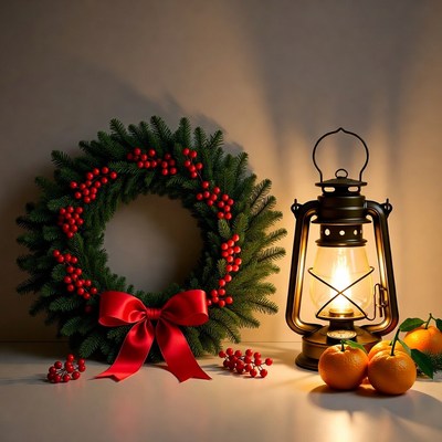 Holiday wreath with lantern and oranges