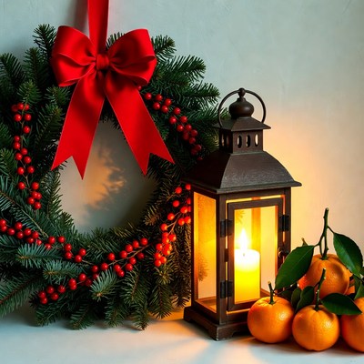 Holiday decorations with lantern and fruits