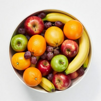 Fresh fruit bowl on a white surface