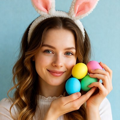 Woman holds colored eggs for celebration