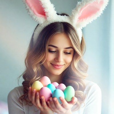 Woman holds colorful eggs indoors