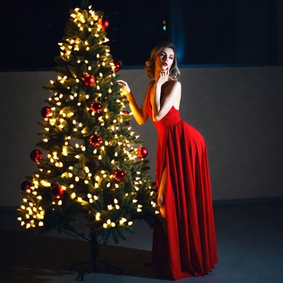 Woman in red dress by christmas tree