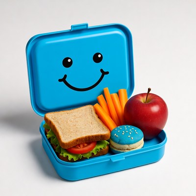 Lunchbox with food and smiley face
