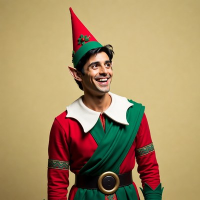 Elf in festive outfit smiles brightly