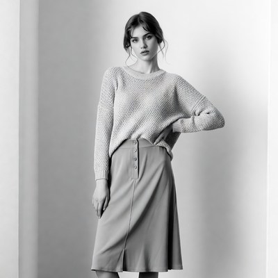 Model poses in studio outfit