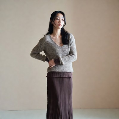 Woman in sweater poses indoors