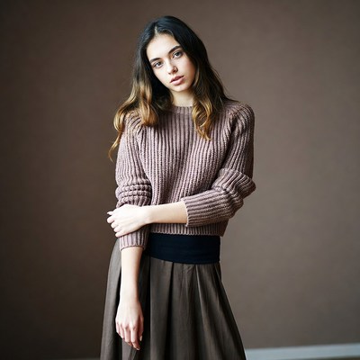 Model poses in simple clothing indoors