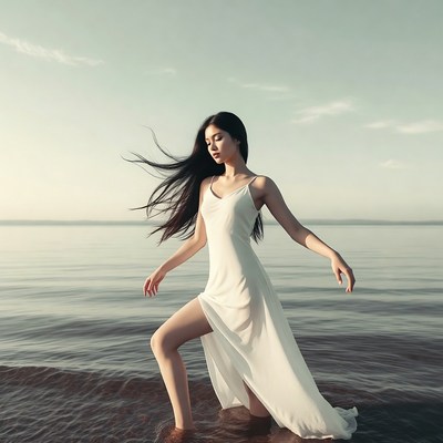 Woman walking in sea at sunset