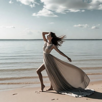 Woman walking on beach with flowing dress