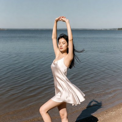 Woman dancing by the water shore