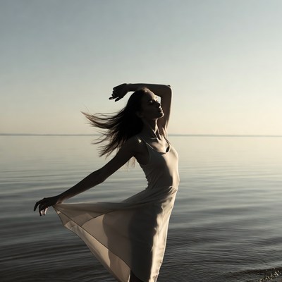 Woman dancing by the water at sunset