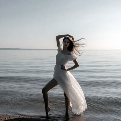 Woman poses by the water at sunset