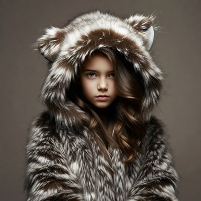 Child wearing furry hood and serious expression