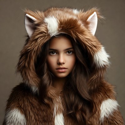 Girl in furry hooded outfit