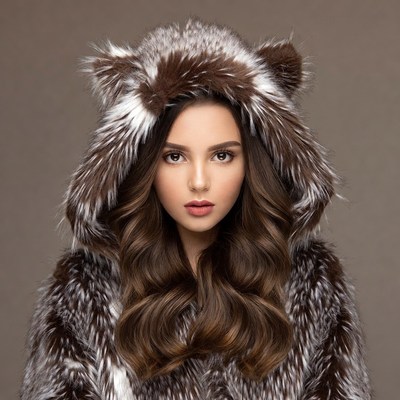 Model in furry coat with hood