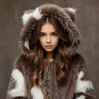 Model wears fur hoodie with ears