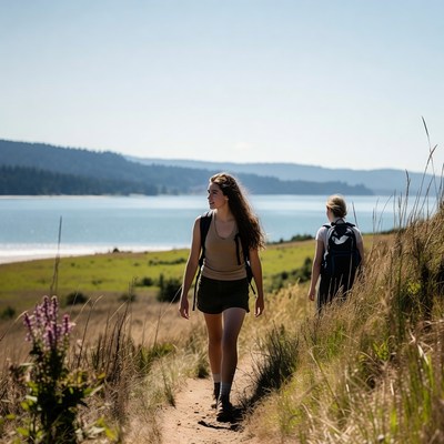 Hikers walking along the river trail