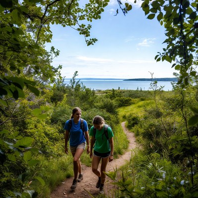 Two friends hike near the coast