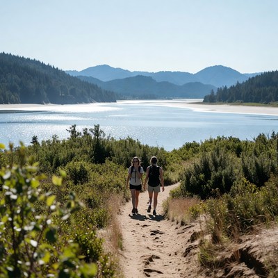 Hikers on a path by the lake