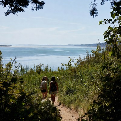 Two people walk along a trail near water