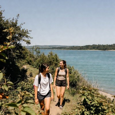 Hiking near the river in summer