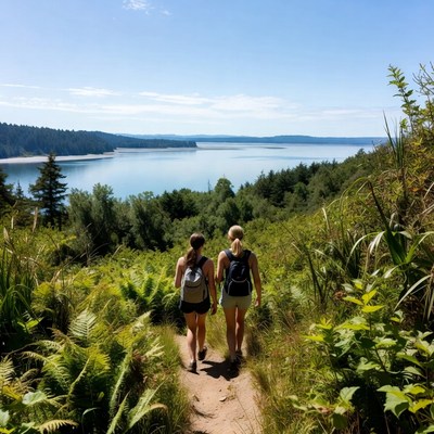 Friends hiking in forest by lake