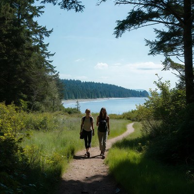 Hiking on a nature trail by the water