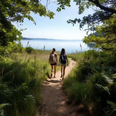 Two friends walk along a nature path by the water