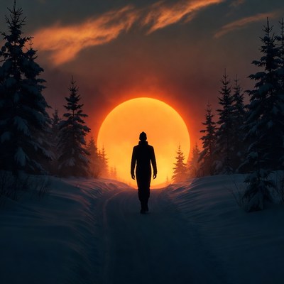 Walking towards the sunset in winter