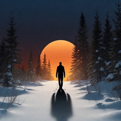 Man walking in snowy forest at sunset
