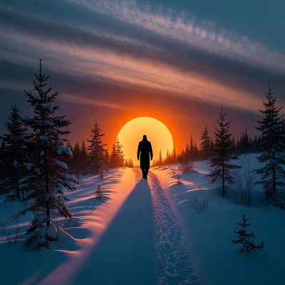 Sunset walk in winter forest