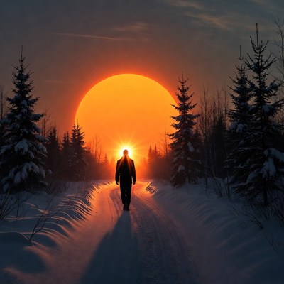 Sunset walk through snowy path