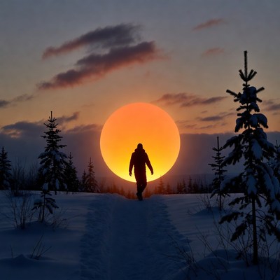 Person walks in snowy landscape at sunset