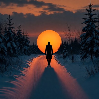 Sunset walk on snowy path