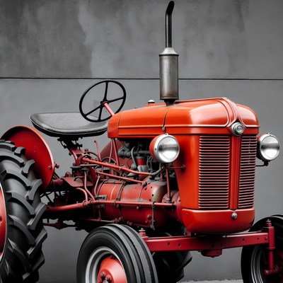 Vintage tractor parked near wall